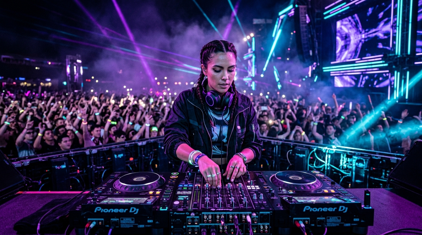 DJ profesional actuando en vivo en concierto con consola de mezcla e iluminación neón